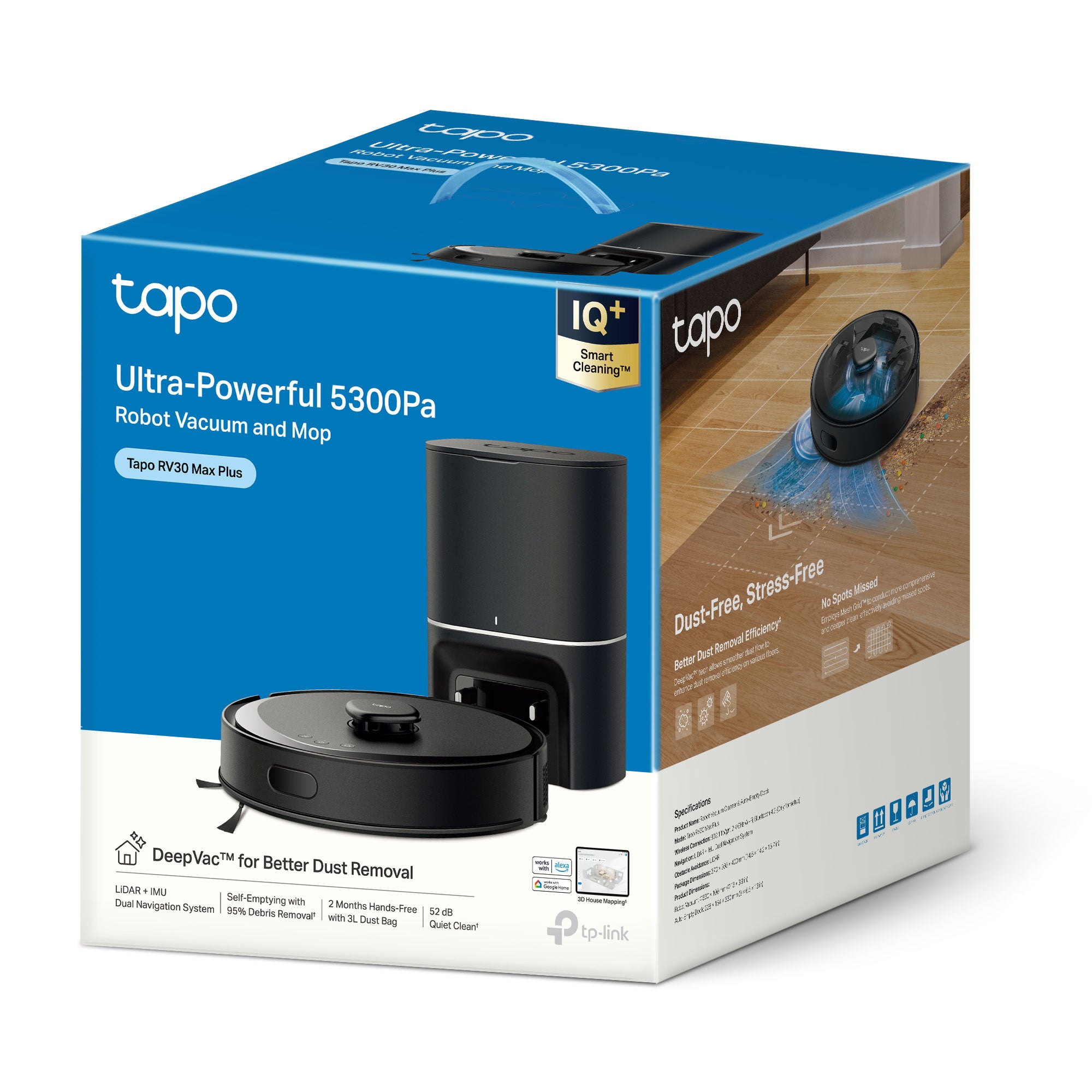 Tapo RV30 Max Plus - Robot Aspirador e Mopa com Hiper Sucção 5300Pa + Doca Auto-Esvaziamento Inteligente