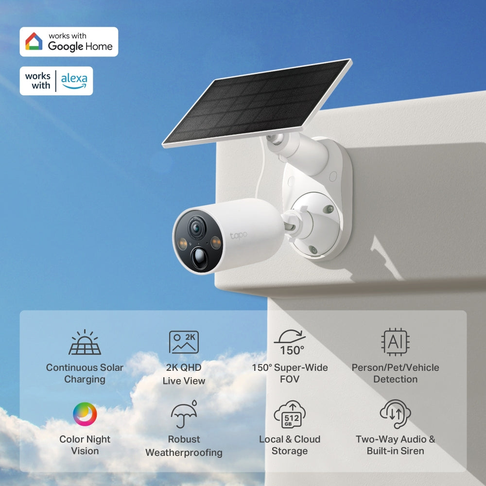 TC85 KIT - Câmara de Segurança Inteligente Wi-Fi Interior/Exterior com Suporte Magnético + Painel Solar