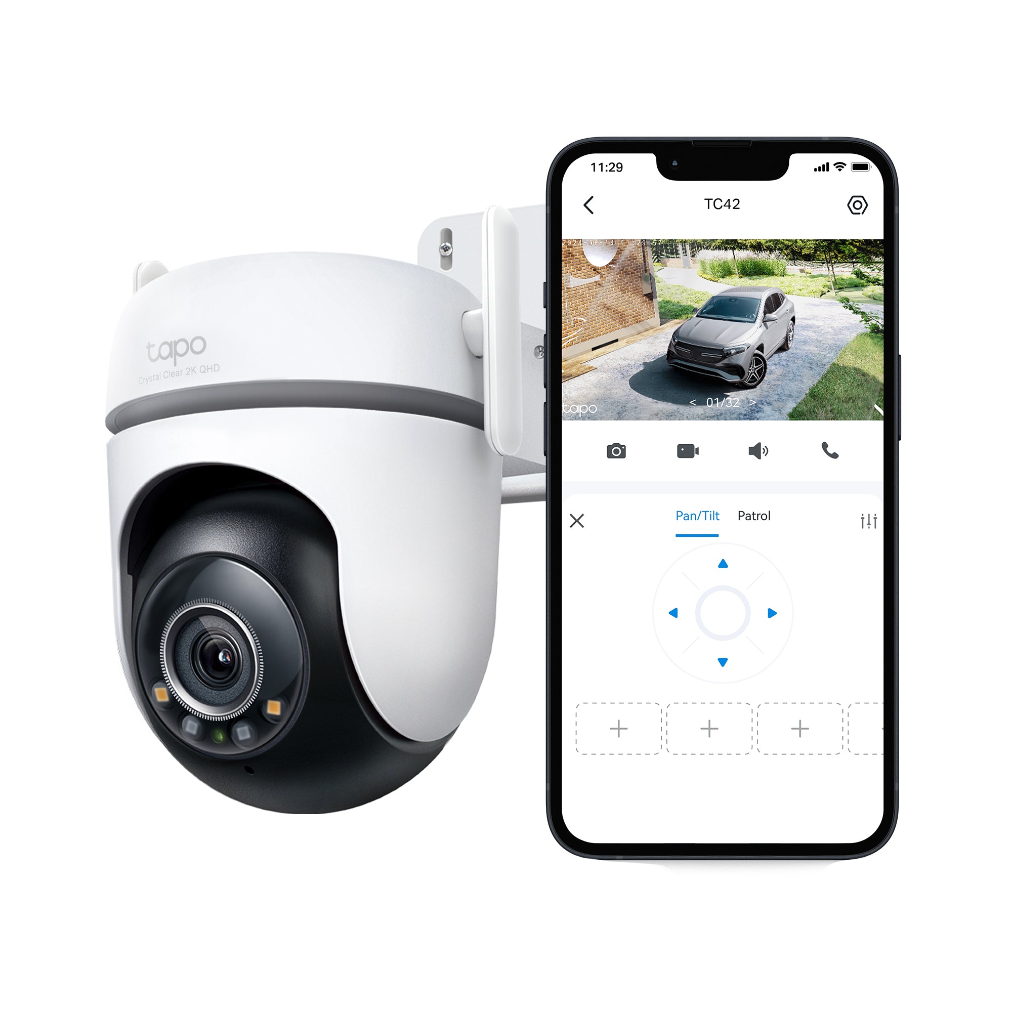TC42 - Câmara de Segurança Inteligente 2K QHD Wi-Fi Panorâmica Pan/Tilt Exterior