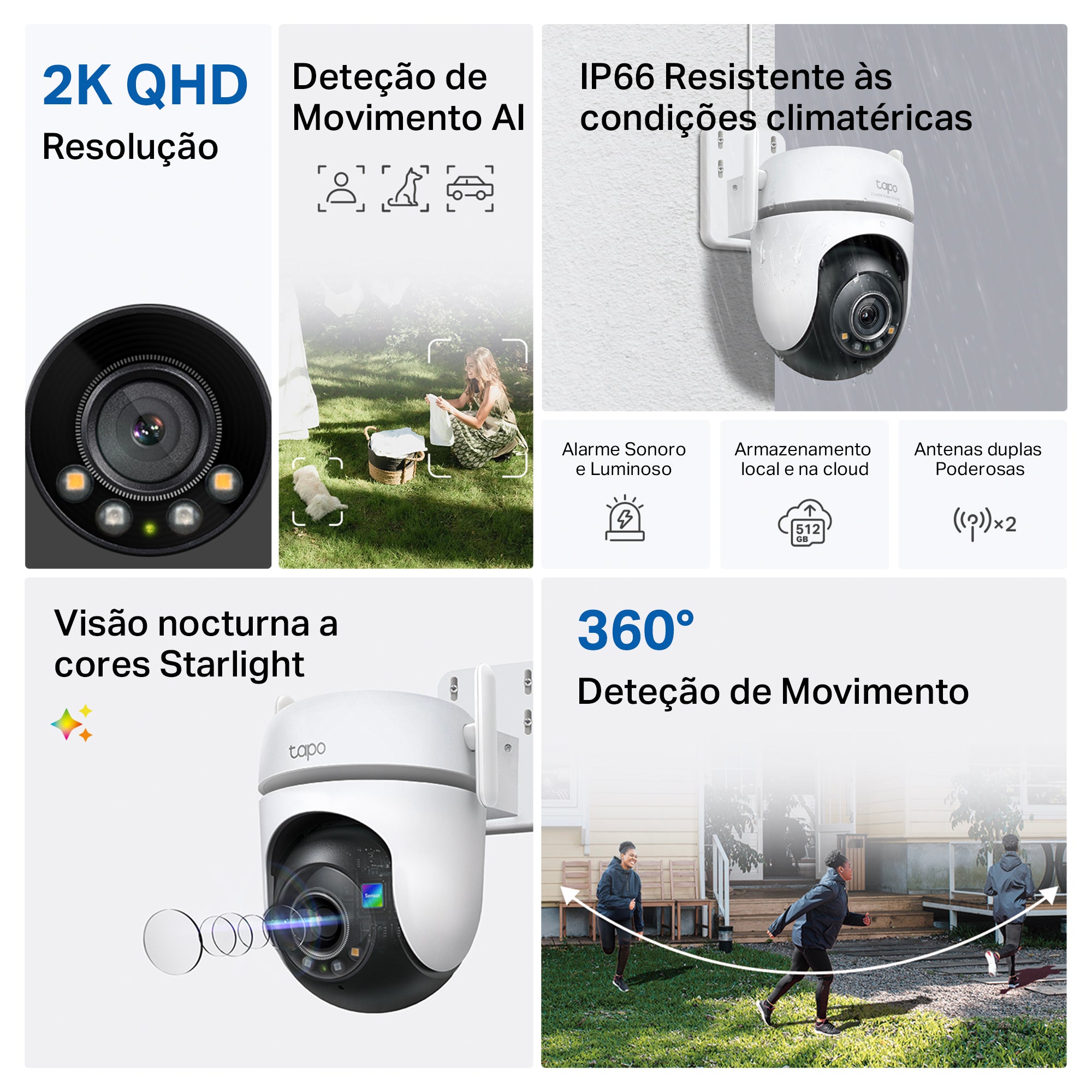 TC42 - Câmara de Segurança Inteligente 2K QHD Wi-Fi Panorâmica Pan/Tilt Exterior